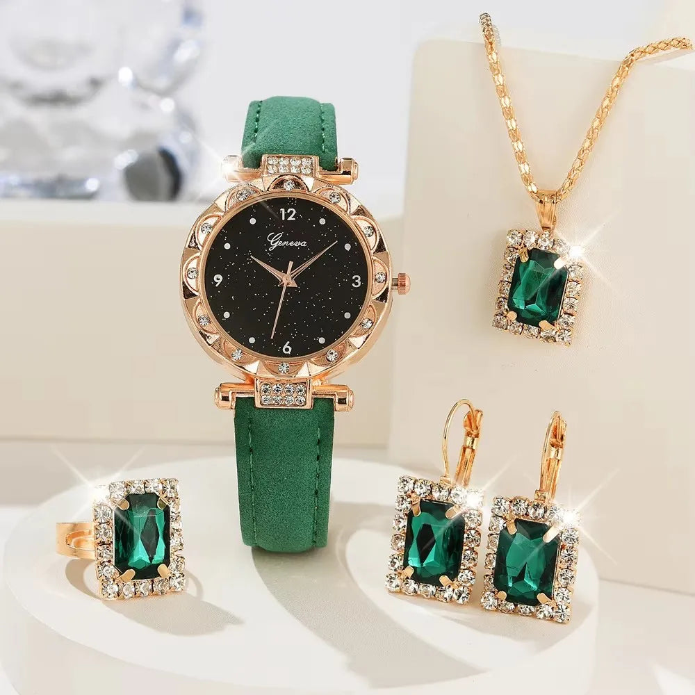 Luxury Rhinestone Watch Set for Women — 5-Piece Bracelet Gift Set